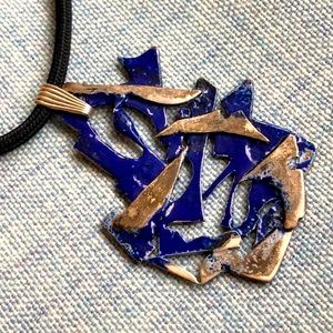 Brutalist sterling silver blue Enamel pendant neck